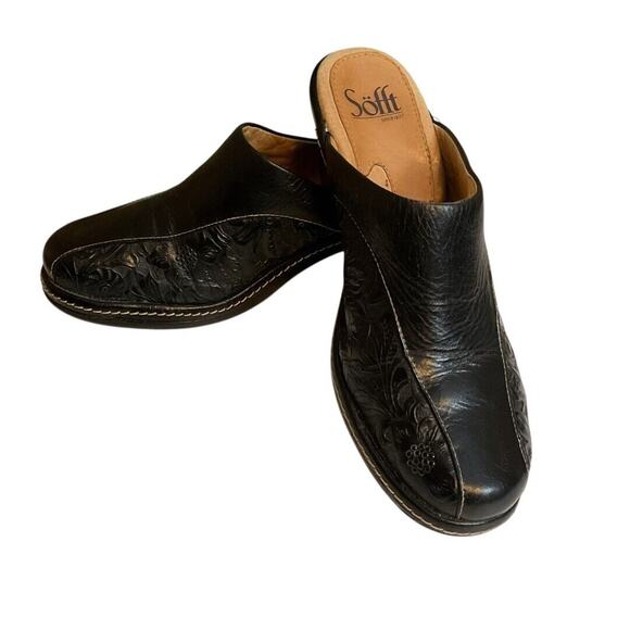 Sofft Mules Shoes 7M Black Leather Floral Embossed Heels Slip On Bicycle Toe - Picture 9 of 16